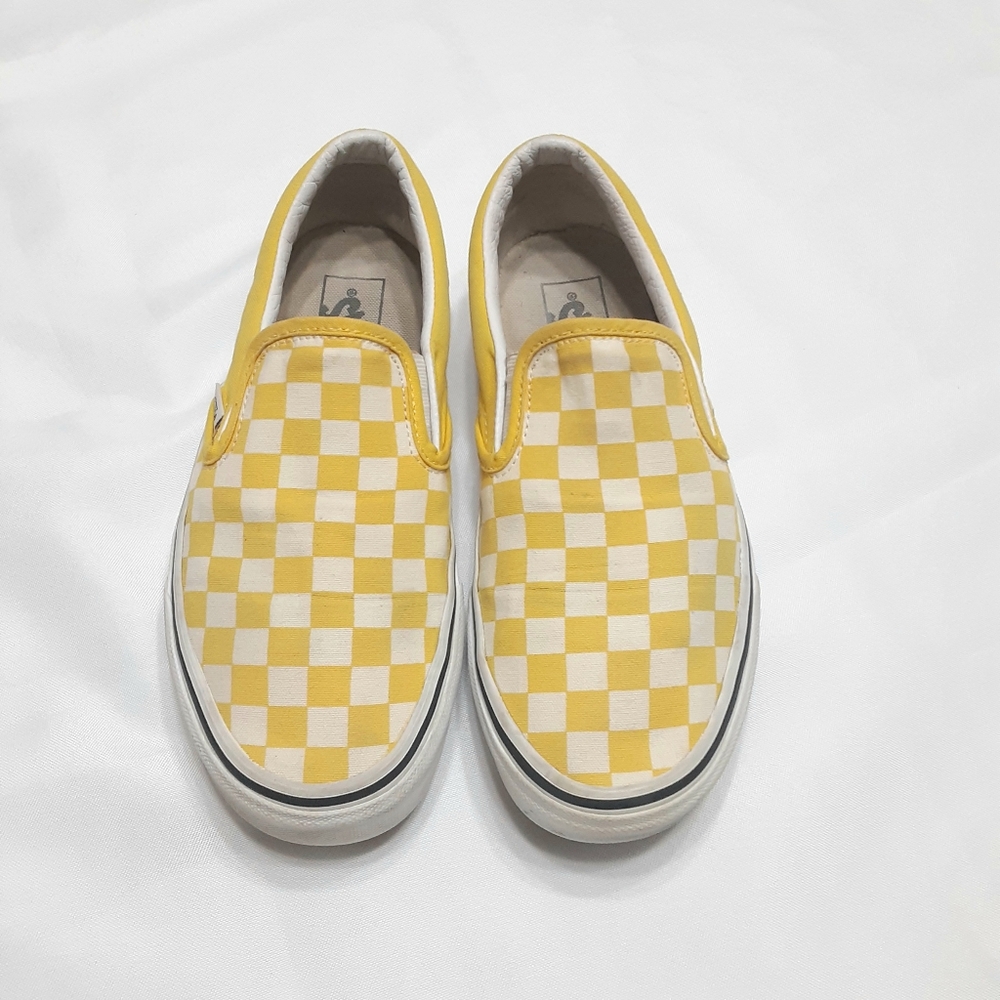 Vans Yellow and White Checkered Unisex Slip-On Sneakers Women 8 or Men 6.5